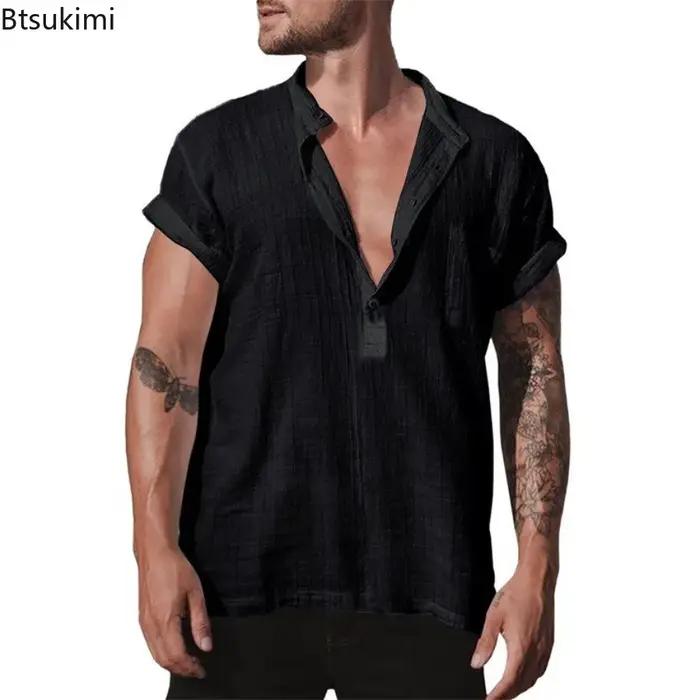 Nouvelles Chemises d'été en Lin Couleur Unie pour Hommes, Col Montant Tendance, Manches Courtes, Coupe Ample Décontractée, T-shirts pour Hommes 2026, Vêtements Masculins