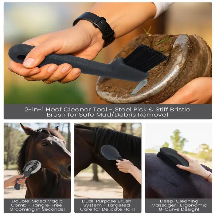 Kit de toilettage pour chevaux 11 pièces – Ensemble complet de brosses et d'accessoires pour le soin