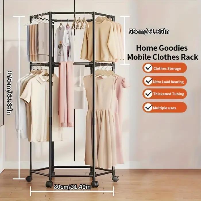 Porte-vêtements hexagonal rotatif sur roulettes