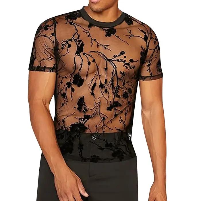 T-shirt homme été en maille et dentelle avec motifs floraux col rond pour soirée chic et élégance