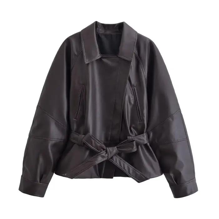 HH femmes Vintage moto veste avec ceinture Faux cuir Trench manteau à manches longues revers