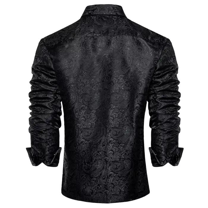 Chemises habillées en soie Paisley noire à manches longues pour hommes, chemise sociale de smoking d