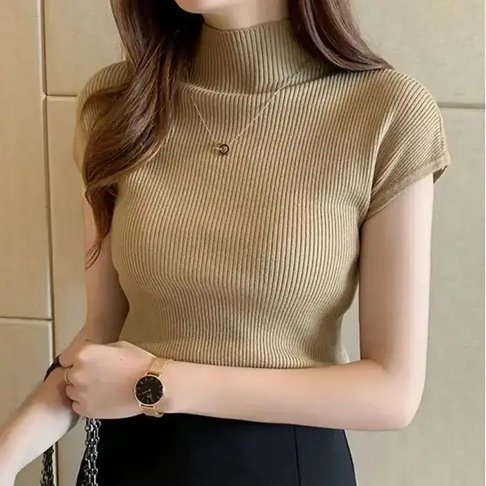 Haut en tricot sans manches à col montant pour femmes, pull extensible en tricot côtelé, hauts superposés, tenue basique printemps été