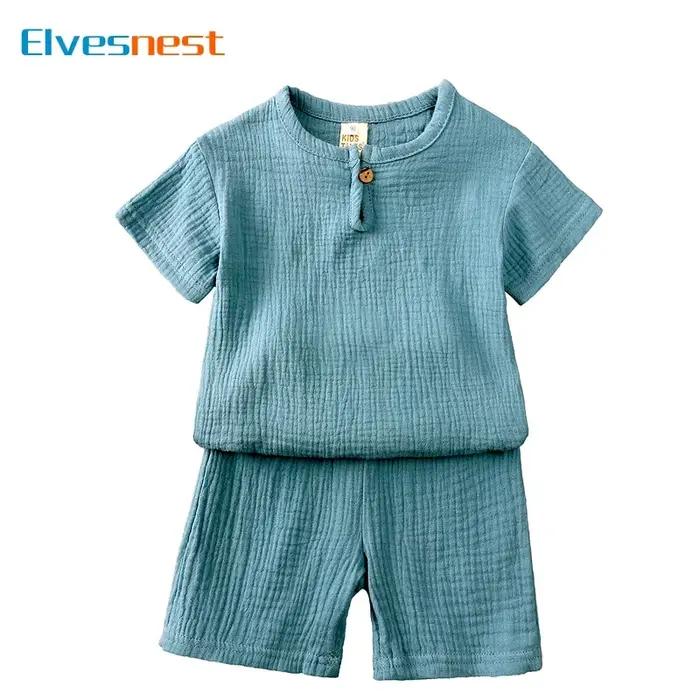 Vêtements d'été en coton et lin pour enfants de 2 à 7 ans, ensemble de couleur unie, haut à manches courtes, Short
