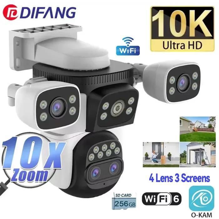 Caméra Sécurité Extérieure WiFi6 20MP Zoom Optique 10X 4 Lentilles 3 Écrans Tracking Auto 6K Double Objectif Étanche