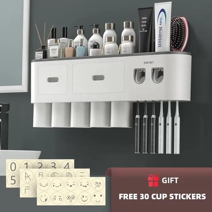 Porte-brosse à dents inversé à adsorption magnétique double distributeur automatique de dentifrice mural moderne pour la salle de bains