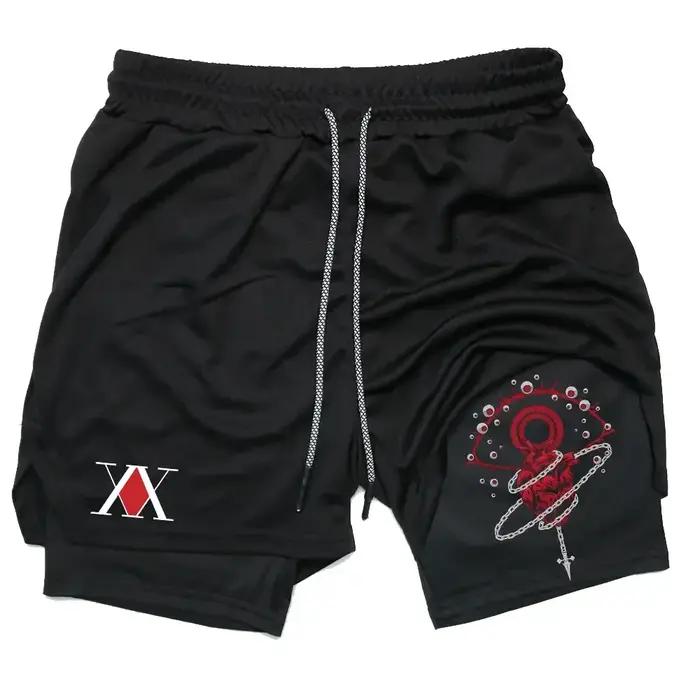 Short Anime Hunter X Hunter pour Hommes, Compression 2 en 1, Course à Pied, Entraînement, Sport, Séchage Rapide avec Poches