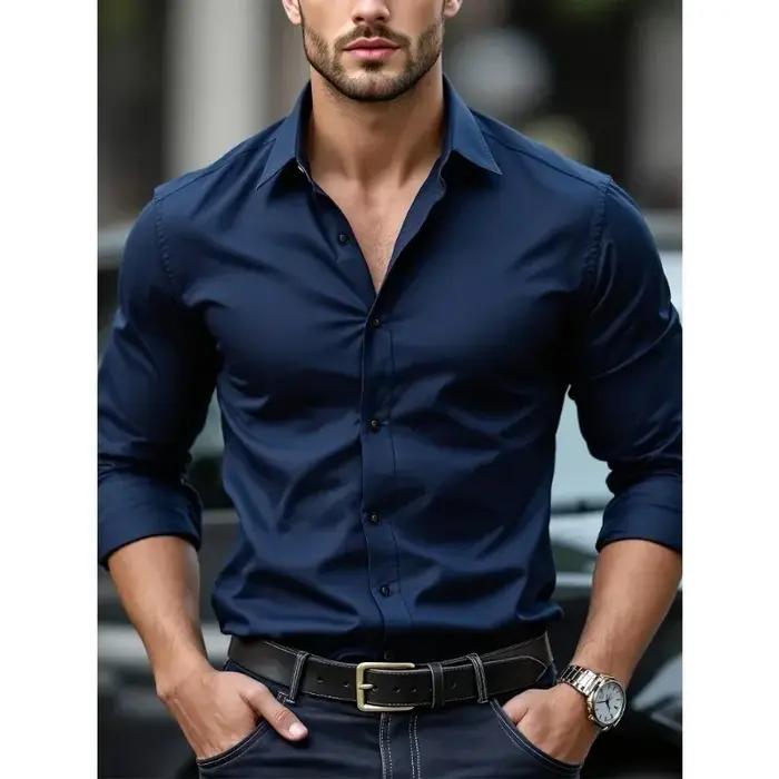 2025 chemise pour hommes flambant neuf couleur unie à manches longues intelligent décontracté quatre saisons élastique