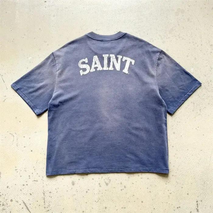 T-shirt en tissu imprimé Saint La Lumière vintage 2026 pour hommes et femmes, tee-shirt bleu délavé en coton