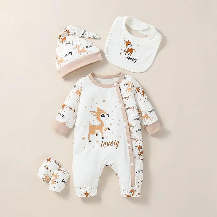 4 pièces bébé unisexe à manches longues col rond imprimé Animal avec bouton combinaison décontractée + bavoir + chapeau