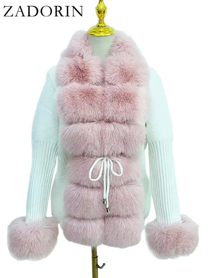 ZADORIN automne hiver femmes fausse fourrure manteau de luxe tricoté pull