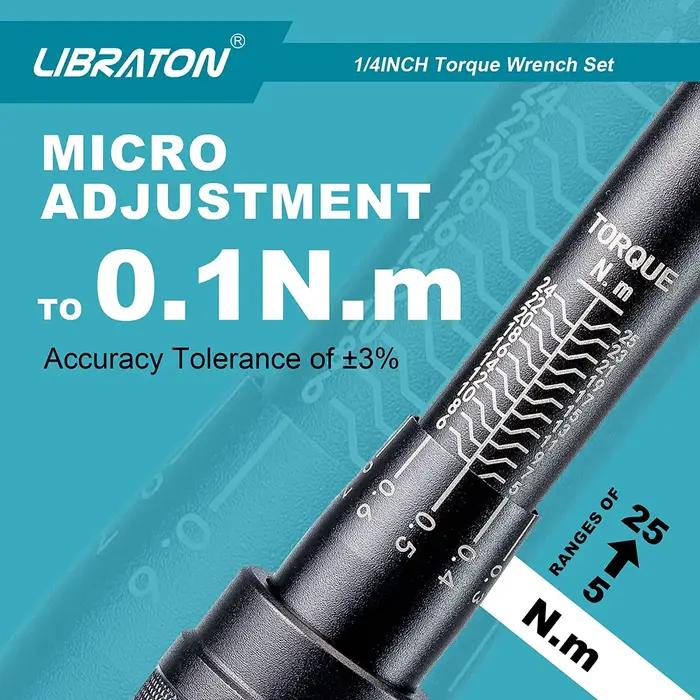 Libraton Clé dynamométrique pour vélo 1/4'', 5-25Nm, 0,1Nm Micro, jeu de clés dynamométriques à clic