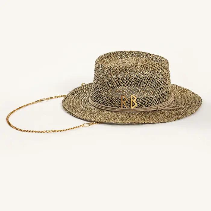 2025 offres spéciales Style européen et américain broche conception chapeau de paille femme lettre creuse