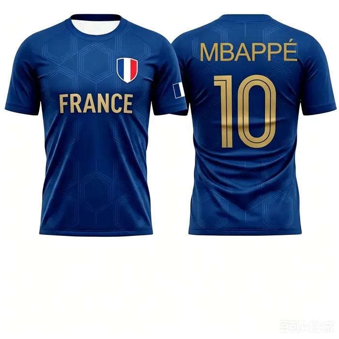 Maillot de football Mbappé 10, motif jacquard hexagonal subtil, lettrage doré, emblème du drapeau fr