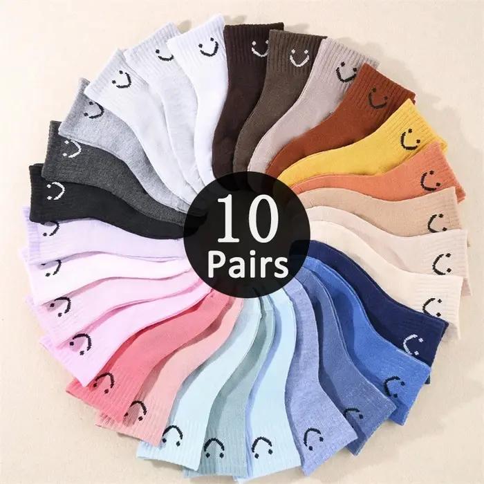 Chaussettes mi-mollet unisexes souriantes pour enfants toutes saisons polyvalentes 10 paires pack bleu rose ajustement parfait pour 1-2 3-6 7-12 ans