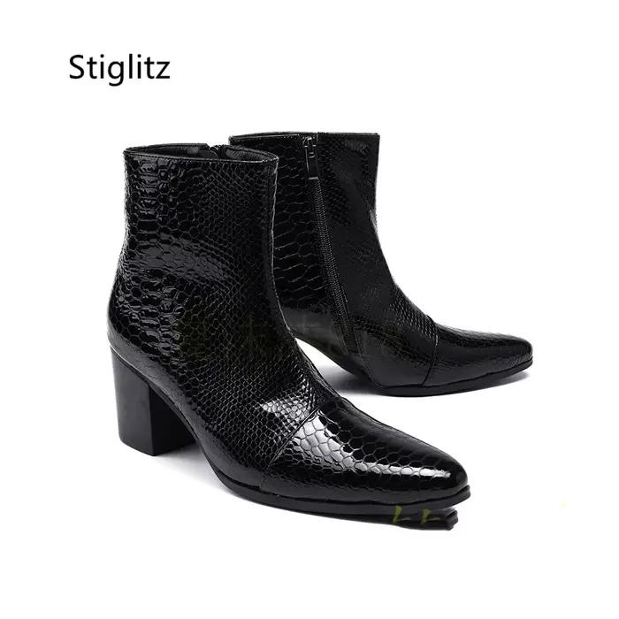 Bottines en cuir véritable pour hommes, noir et rouge, talons hauts de 8Cm, motif serpent rétro, bou
