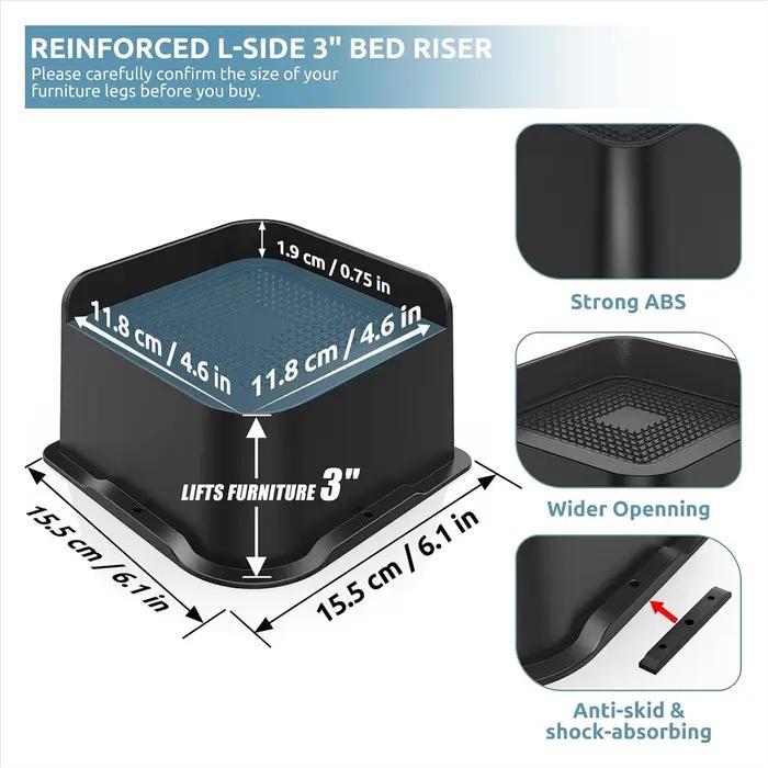 A04I rehausseurs de lit robustes de 3 pouces, rehausseurs de meubles à ouverture large de 4,8x4,8 po