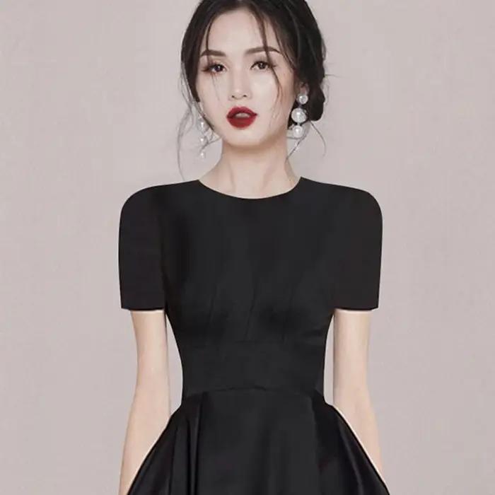 Robe de Rhnoire élégante pour femmes, col rond, manches courtes, taille fine, bureau pour dames, rob
