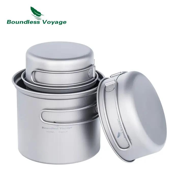 Ensemble de casseroles de camping titane mini avec poignée pliante pour randonnée et pique-nique Ti2037-39C