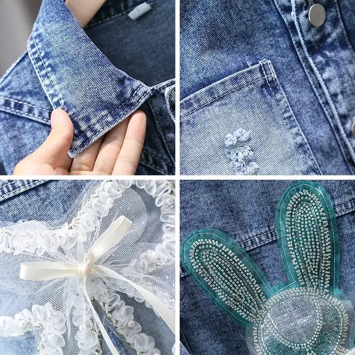 2 3 4 5 6 7 8 9 10 11 12 ans printemps filles veste en jean nouvelle mode mignon lapin dentelle arc