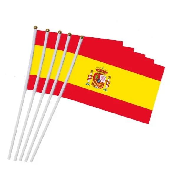 Drapeau espagnol 14x21cm, drapeau espagnol ES ondulé à la main pour défilé d'élection et mars avec mât en plastique