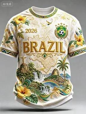 T-shirt graphique de l'équipe nationale de football du Brésil 2026, unisexe, imprimé en 3D, respirant, à séchage rapide, manches courtes