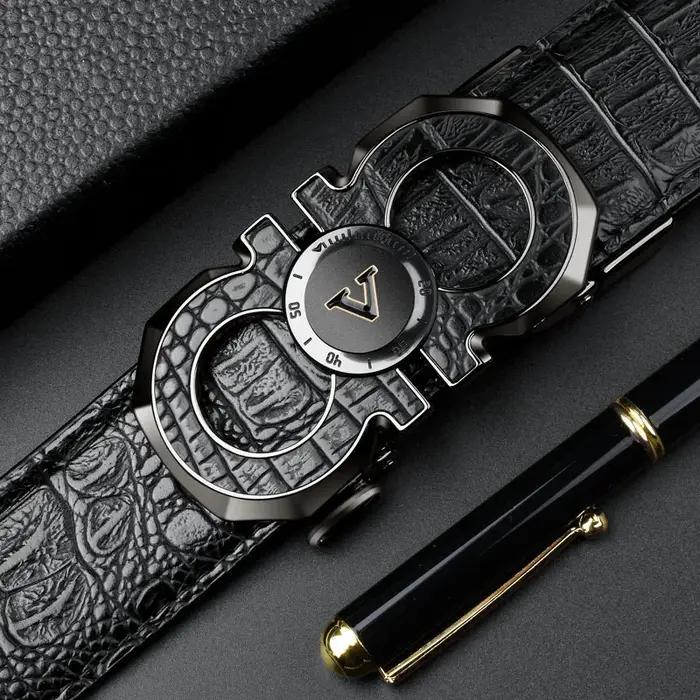 Ceinture élégante à boucle automatique pour hommes – Véritable motif carré texturé en faux, noir, de