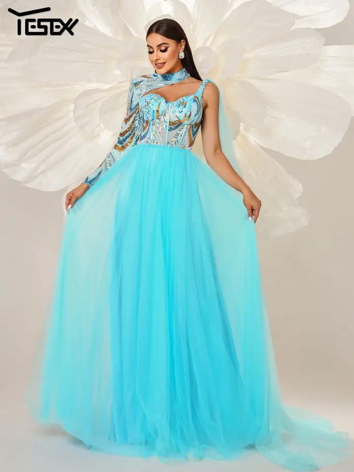 Robe de soirée asymétrique en tulle bleu Yesexy pour femmes, occasions formelles, soirée, mariage, anniversaire, silhouette élégante, design géométrique