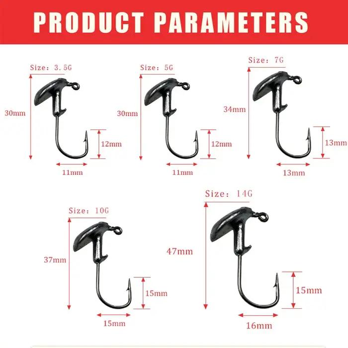 Lot de 10 hameçons de pêche à tête rotative (3,5g, 5g, 7g, 10g, 14g) pour leurres souples, accessoir