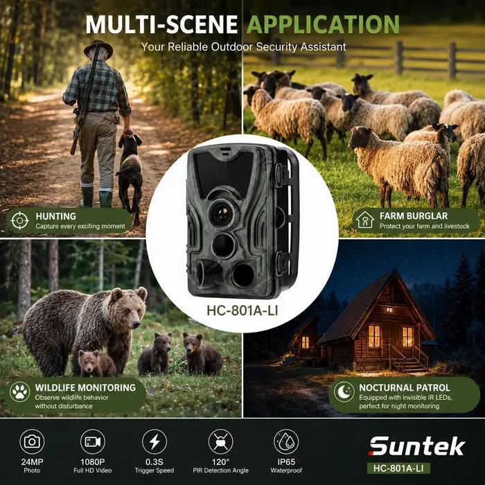 Caméra de chasse exterieure 24mp 1080p batterie 5000mah lithium vision nocturne surveillance ferme verger sécurité a domicile