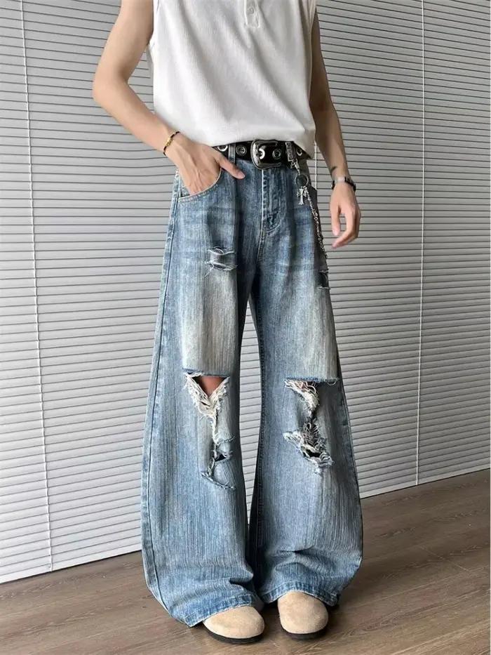 2025 Trashy Y2K Streetwear lavé bleu Baggy déchiré jean pantalon pour hommes 90S Vintage vêtements droit en détresse