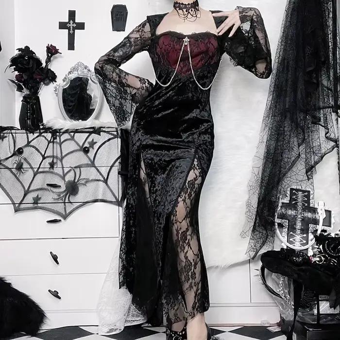 Robe gothique élégante en velours et dentelle patchwork pour femmes, idéale pour soirées gothiques et streetwear