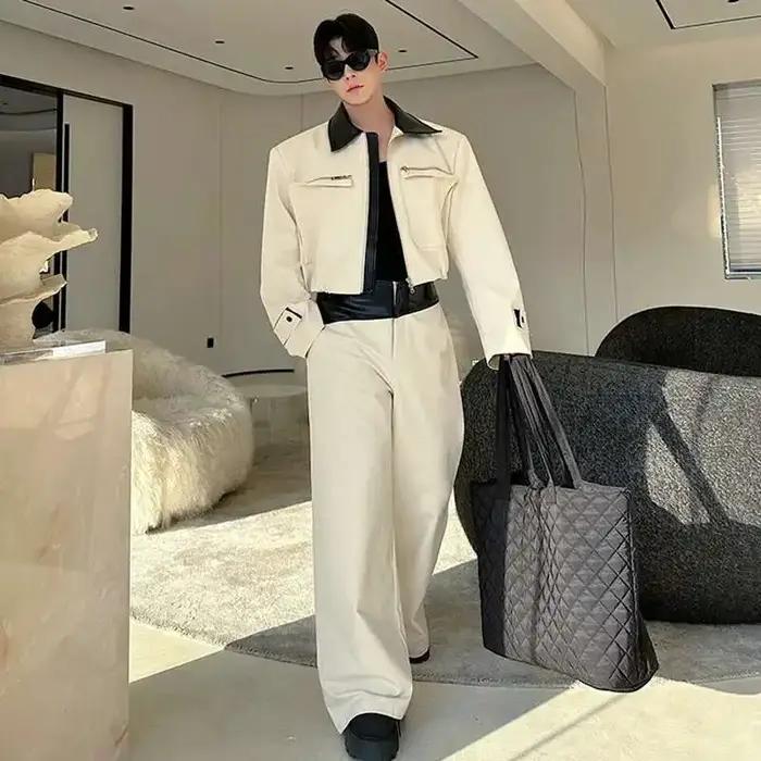 LUZHEN Original couleur contraste cou conception élégant manteau droit pantalons décontractés hommes 2025 printemps mode