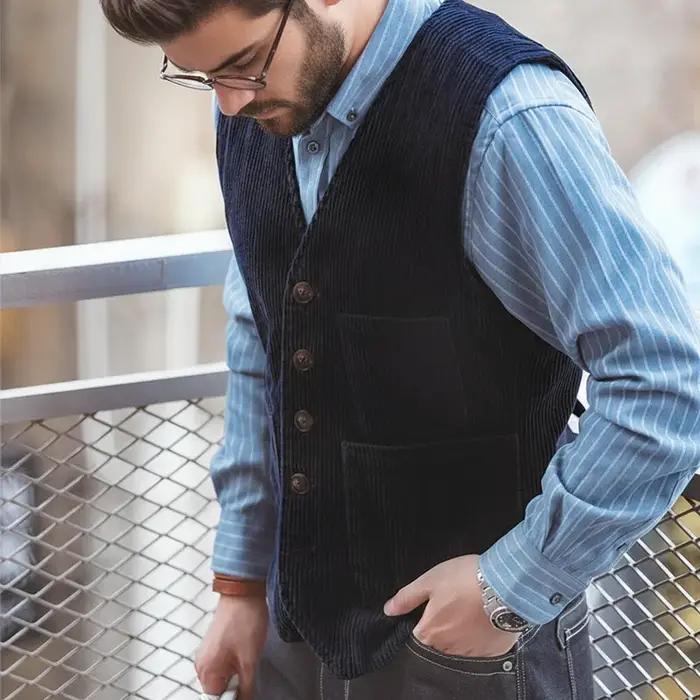 Gilet en velours côtelé vintage Maden décontracté avec col en V pour homme, vêtement d'extérieur polyvalent, idéal pour printemps et automne, occasions professionnelles et loisirs