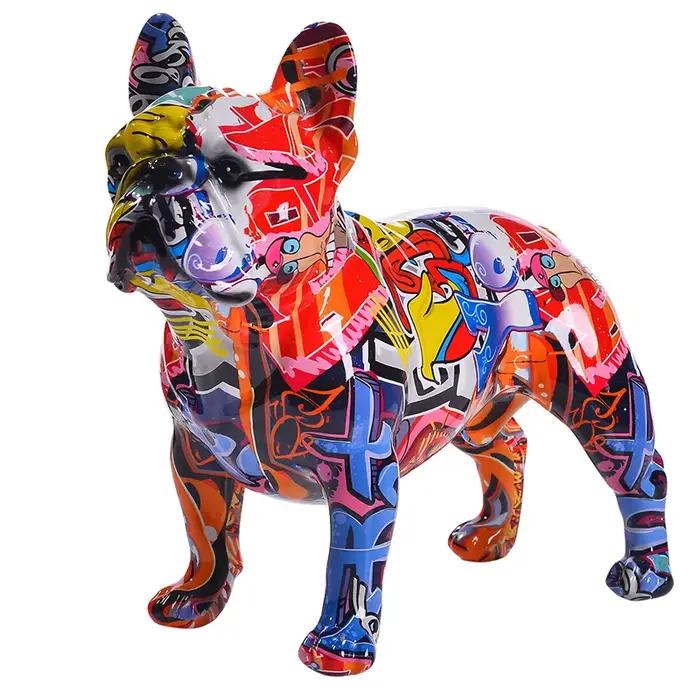 Figurine de bouledogue français colorée en résine, décoration de chien, Graffiti, artisanat, maison,