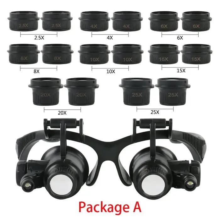 Loupes à bandeau 2,5x4x6x8x10x15x20x25x, lentille optique en verre avec 2 LED pour horloger et répar