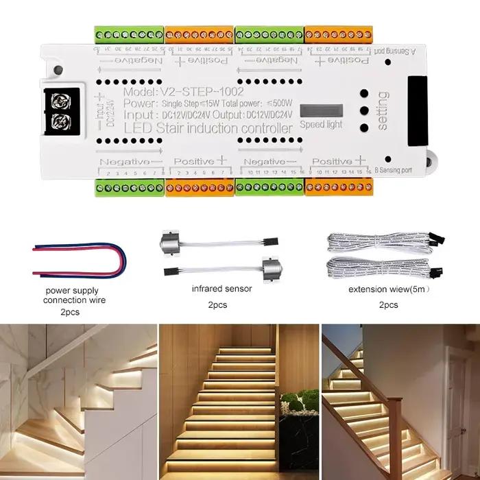 V2 escalier lumière LED contrôleur DC 12V 24V 32 canaux escaliers intérieurs PIR capteur variateur c