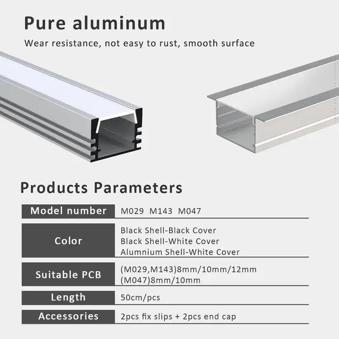 Bande lumineuse LED 50CM, canal profilé en aluminium, diffuseur noir argenté, couvercle PC pour 8mm/