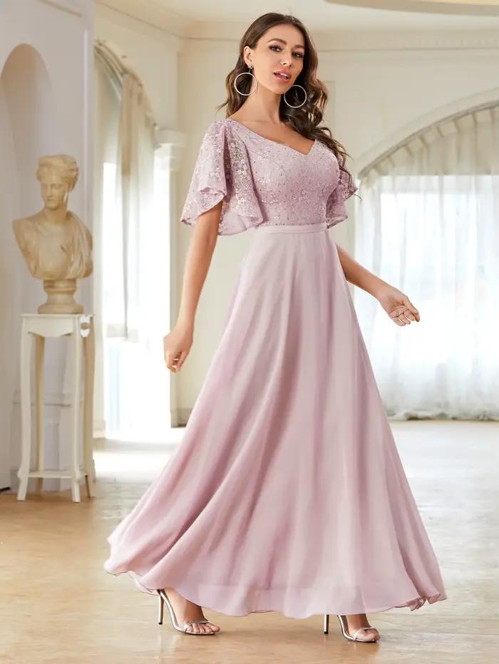 Mgiacy col en v demi manches en mousseline de soie extra longue dentelle patchwork robe élégante