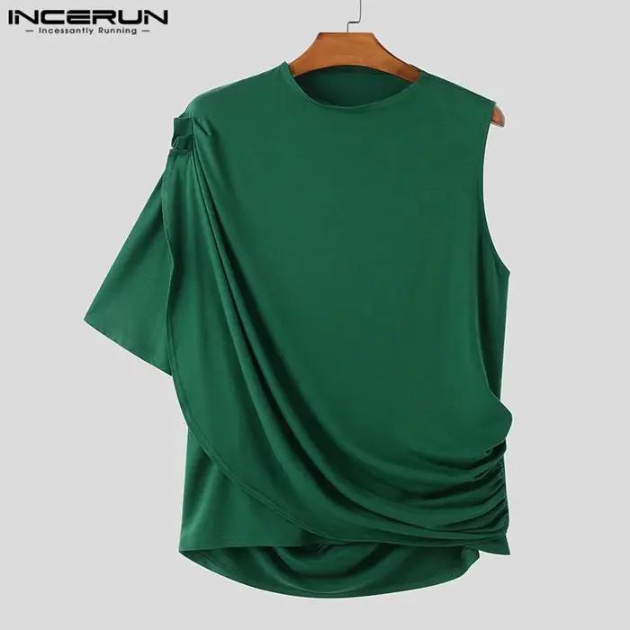 INCERUN hommes t-shirts irréguliers couleur unie col rond une manches courtes plissé hommes vêtements Streetwear 2025 évider Camisetas