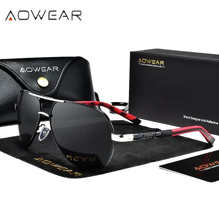 AOWEAR Aviation lunettes de soleil polarisées hommes en aluminium conduite miroir lunettes de soleil