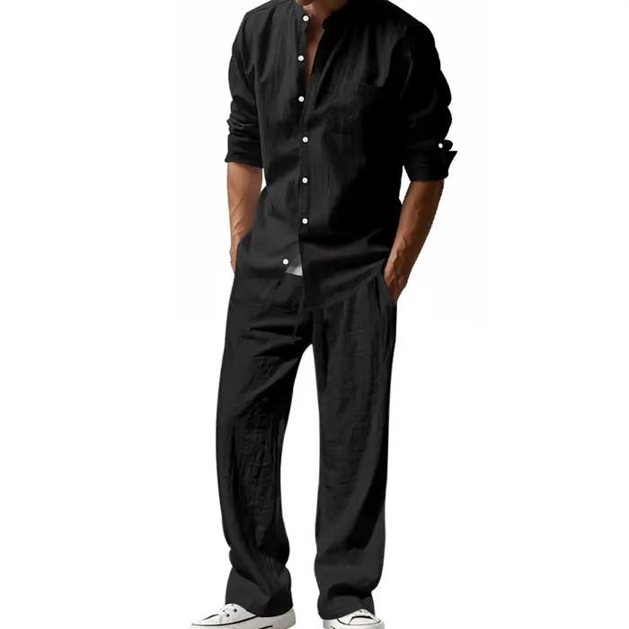 Survêtement 2025 saisons lin hommes décontracté ample respirant à manches longues pantalon chemise plage ensemble en Stock vêtements masculins grande taille