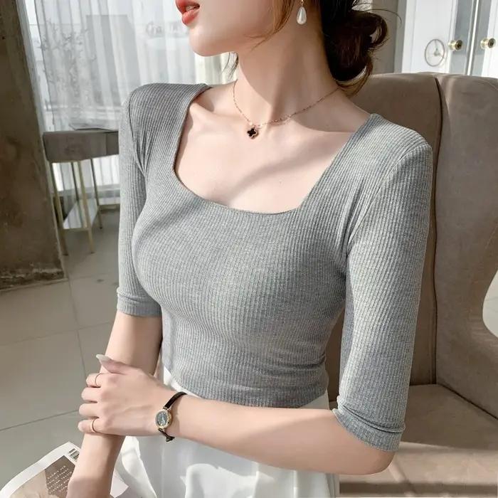 T-shirt en coton polyester et élasthanne pour femme junior, col carré, ajustement précis, style bureau dame, pour été, adapté à diverses occasions et tenues de travail