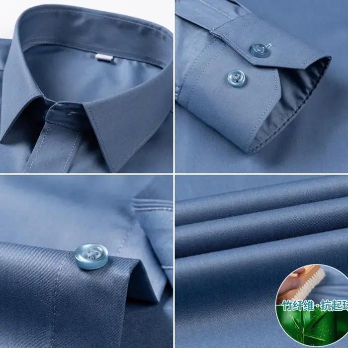 Chemise extensible en Fiber de bambou pour hommes, manches longues, Anti-rides, sans repassage, Slim