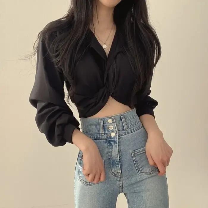 Chemises monochromes pour femmes, vêtements minces pour jeunes dames, vêtements de rue minces, monoc