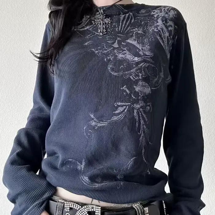 Y2K Hottie Grunge Cyber Mall Goth T-shirt thermique crânes graphique imprimé à manches longues pulls