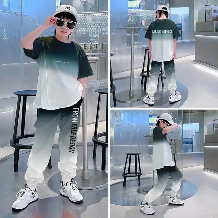 Ensemble Sportif 2 Pièces Tendance pour Garçons : T-shirt Manches Courtes Dégradé & Pantalon Jogger