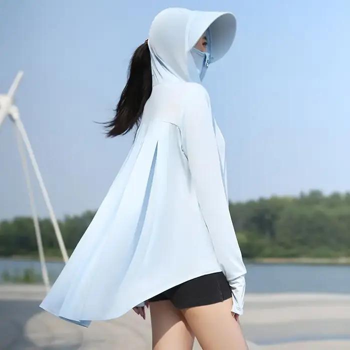 Veste asymétrique en polyester avec protection solaire intégrée à capuche et fermeture éclair pour femmes printemps été casual chic