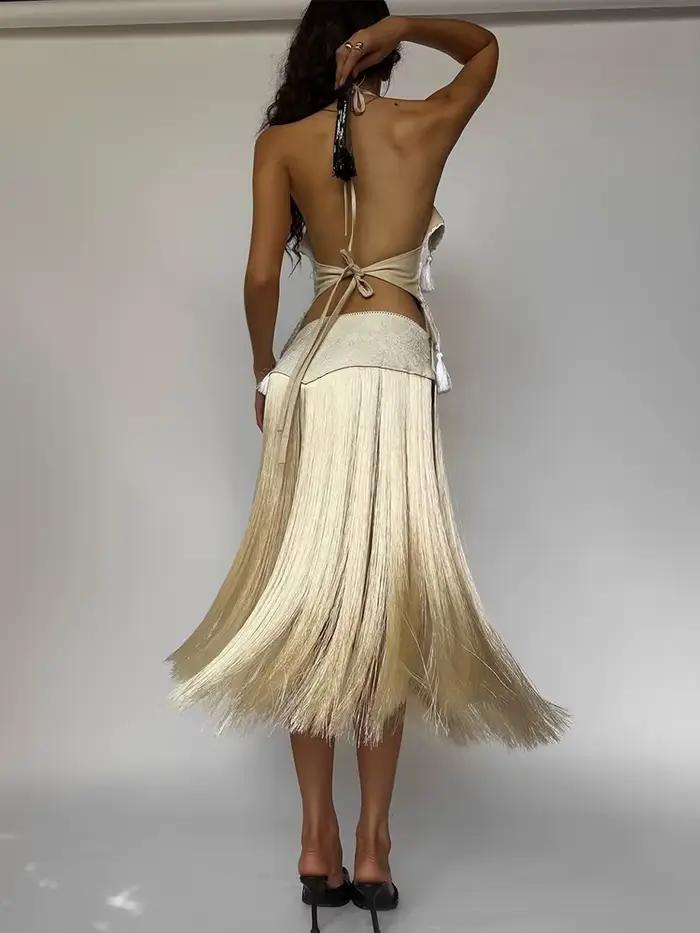 Kliou Sexy Mode Jupes Costumes Femme Halter Bandage Dos Nu Irrégulière Crop Tops + Gland Décoration