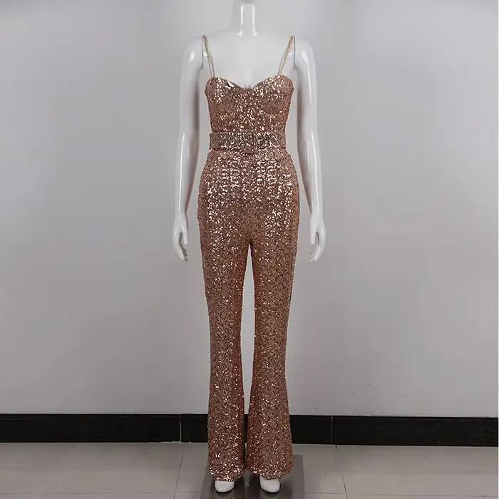 Combinaison de Luxe à Paillettes Dorées Pour Femmes Élégante et Séduisante Occasions Spéciales Soirées Fêtes Anniversaires